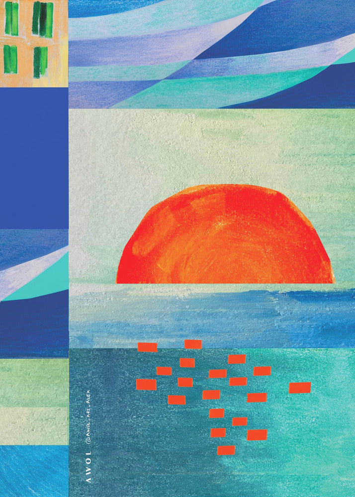 Mer Méditerranée colorée avec lever de soleil, art côtier abstrait | Tableaux sur Toile