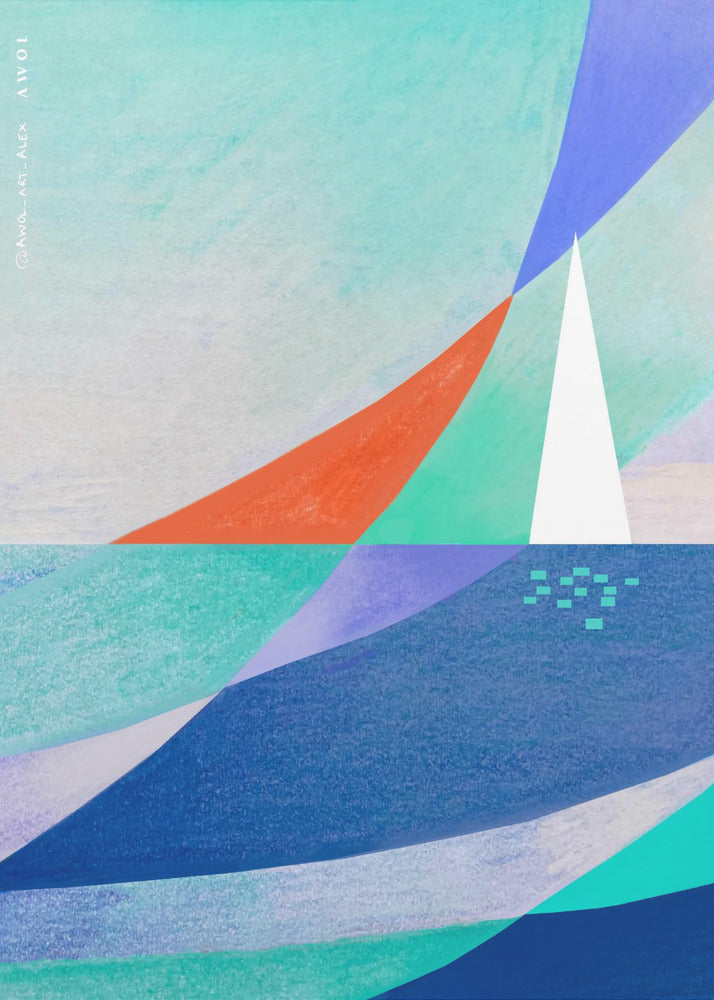 Abstrakt havkunst med minimalistisk hvid sejlbåd på havet | Lærredsbilleder