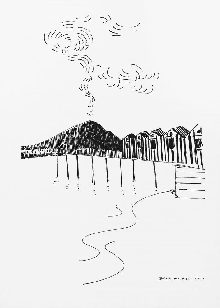Am Meer in Italien mit Strandhütten und Bergvulkan, italienischer Landschaftskunstdruck | Leinwand-Bilder