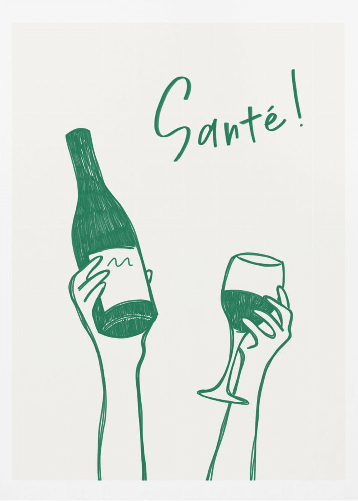 Hands holding a wine bottle and a wine glass with the text &quot;Cheers!&quot; in French | Poster