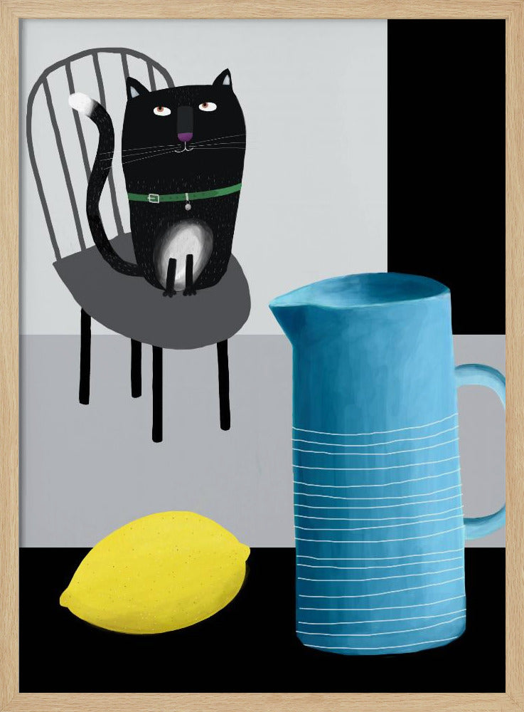 Cute Black Cat sitting on a Chair with Blue Vase and Lemon | Poster