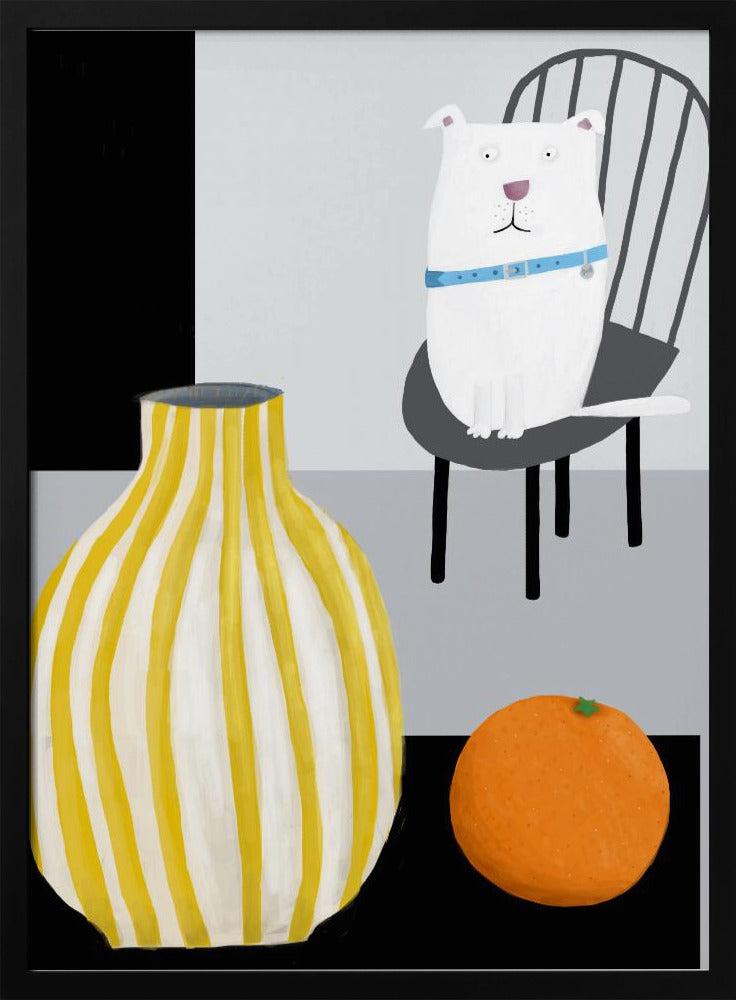 Funny White Dog with Yellow and White Stropped Vase by Carla Daly | Poster