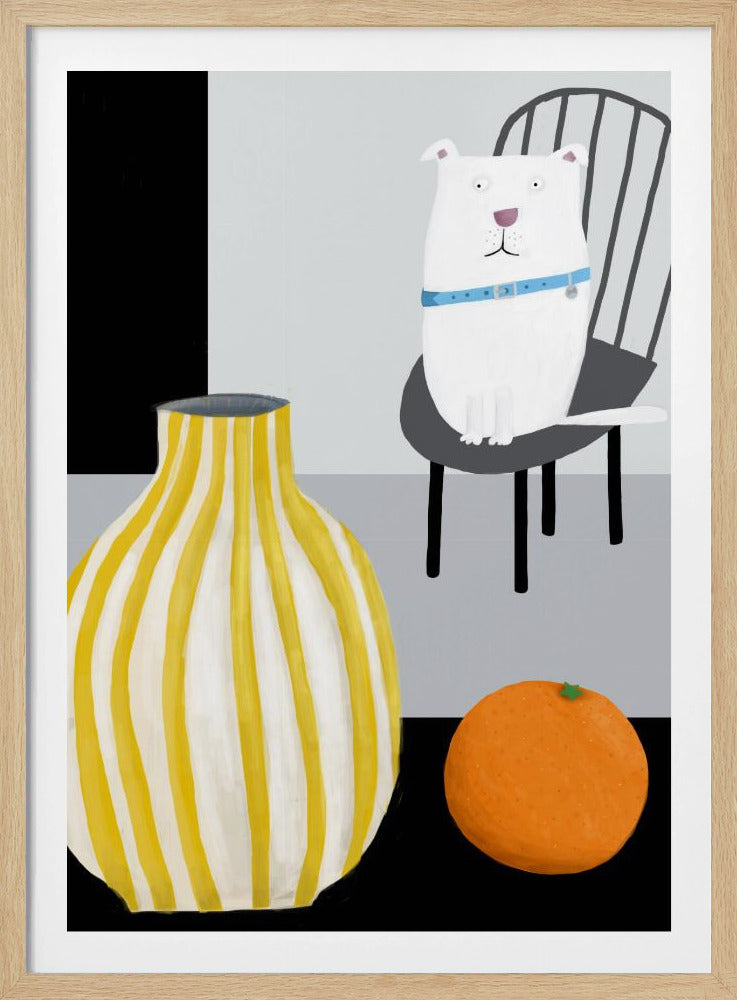 Funny White Dog with Yellow and White Stropped Vase by Carla Daly | Poster