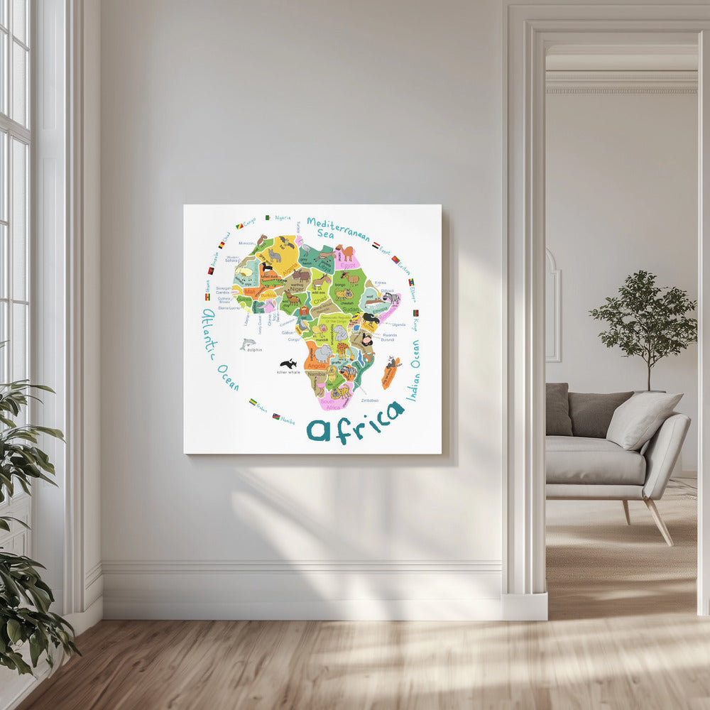 Illustrierte Karte von Afrika mit Ländern und niedlichen Tieren von Carla Daly | Leinwand-Bilder