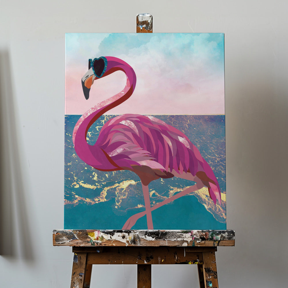 Flamingo geht zum Strand | Leinwand-Bilder