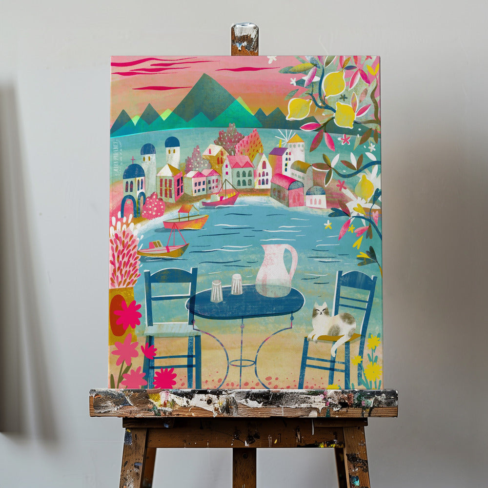 Taverne grecque avec chat sous un citronnier | Tableaux sur Toile