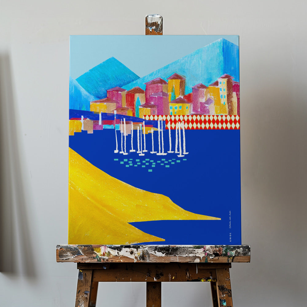 Färgglad hamnstad mellan berg och hav | Canvas
