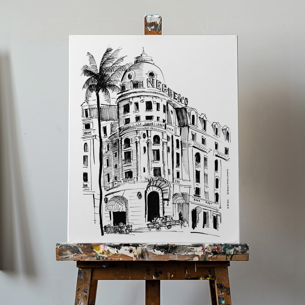 Kunsttryk fra Nice, den franske riviera, med en arkitektonisk tegning af Negresco Hotel | Lærredsbilleder