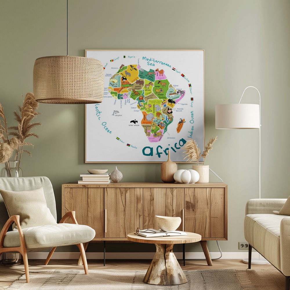 Illustrierte Karte von Afrika mit Ländern und niedlichen Tieren von Carla Daly | Leinwand-Bilder