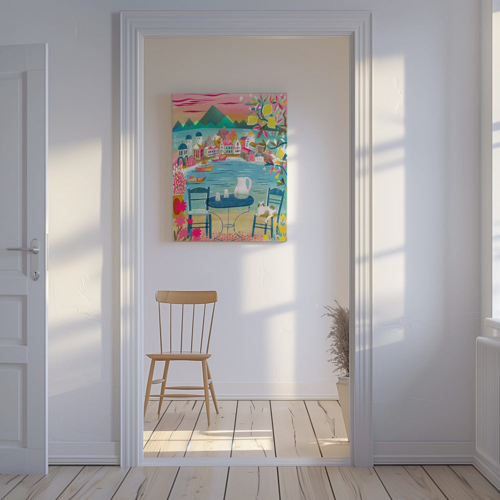 Taverne grecque avec chat sous un citronnier | Tableaux sur Toile