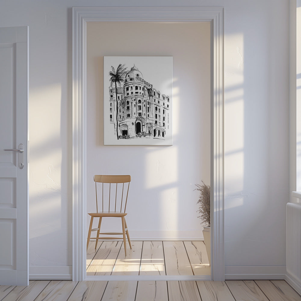 Kunsttryk fra Nice, den franske riviera, med en arkitektonisk tegning af Negresco Hotel | Lærredsbilleder
