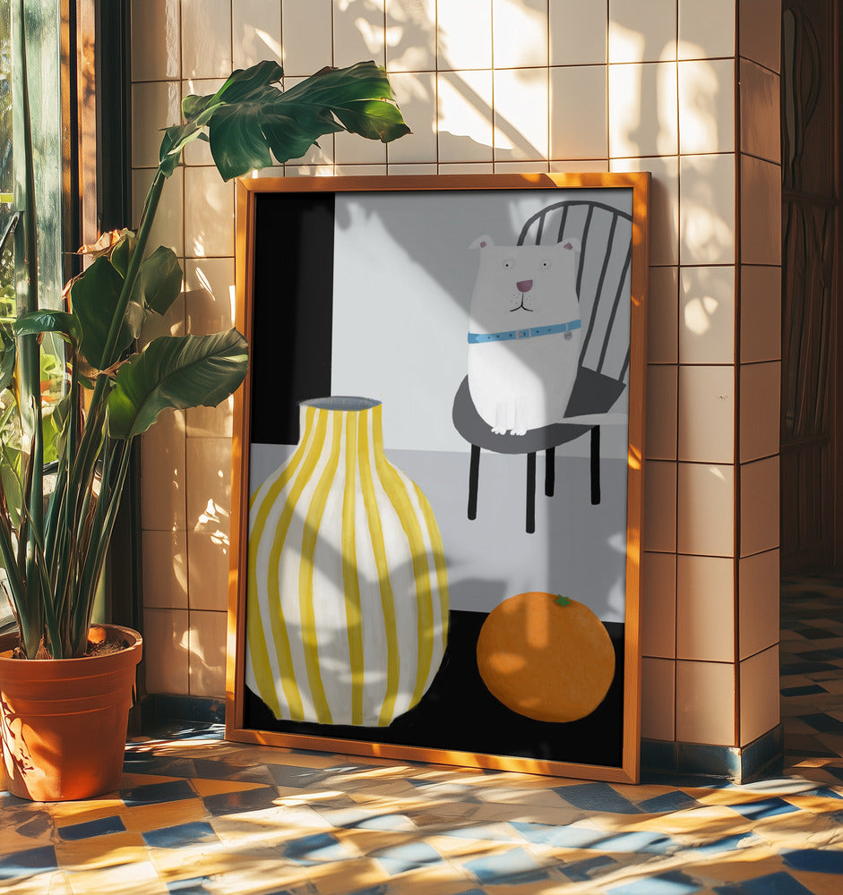 Funny White Dog with Yellow and White Stropped Vase by Carla Daly | Poster