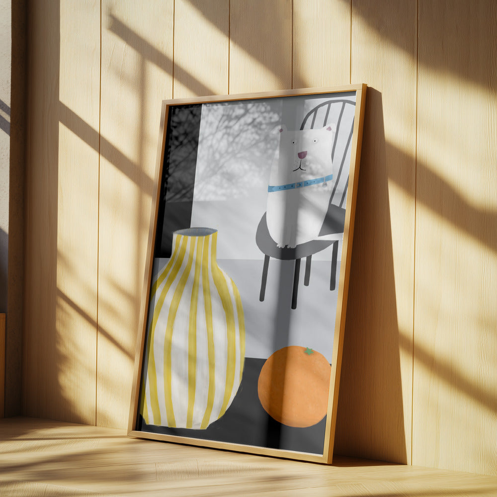 Funny White Dog with Yellow and White Stropped Vase by Carla Daly | Poster