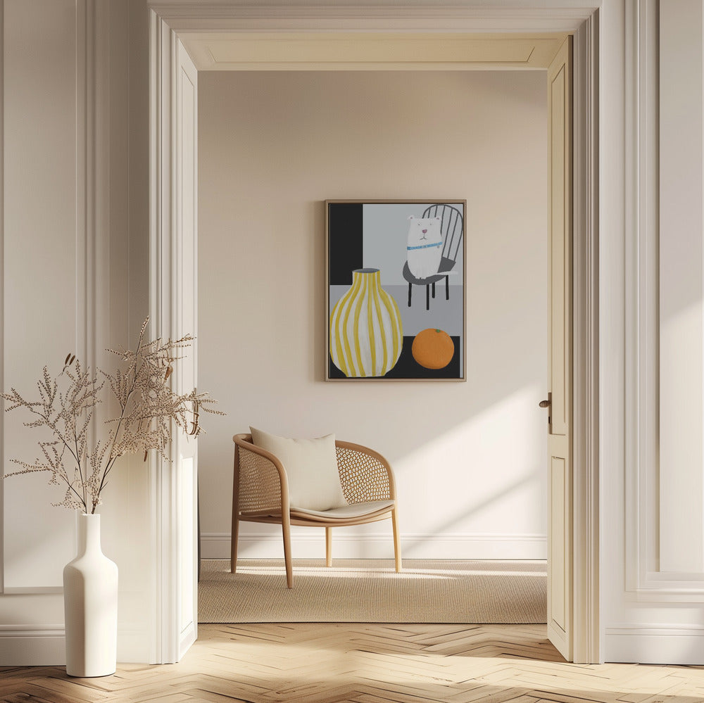 Funny White Dog with Yellow and White Stropped Vase by Carla Daly | Poster