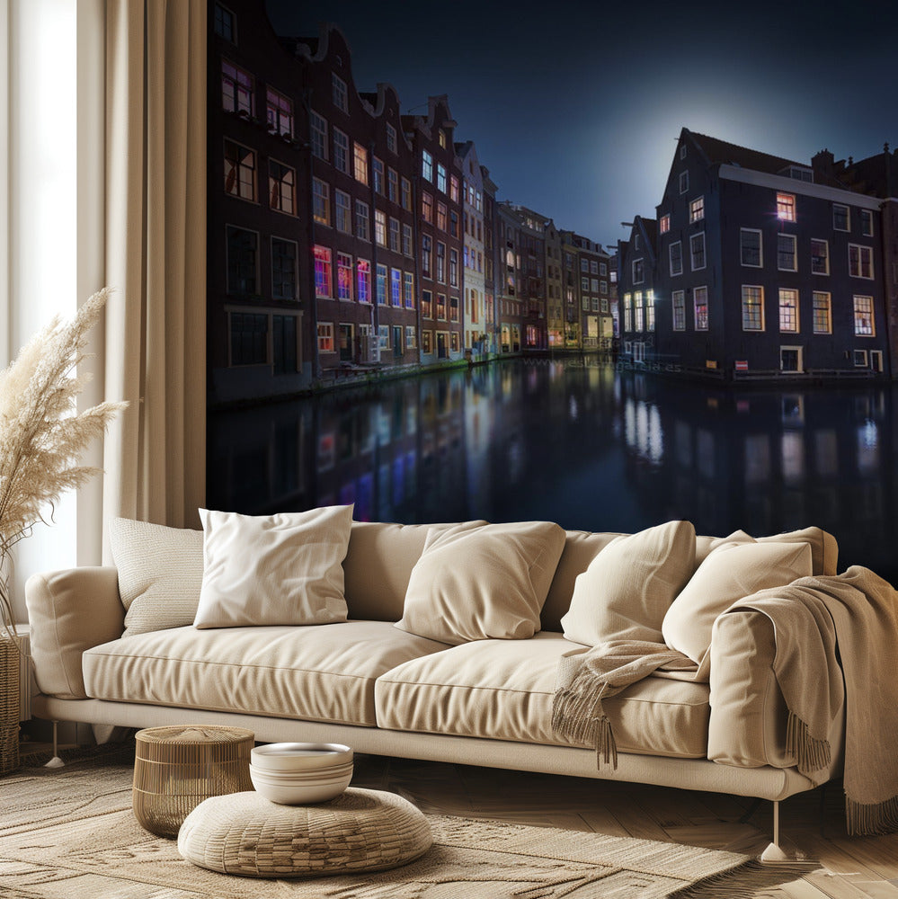 Księżycowa noc nad Amsterdamem | Fototapeta