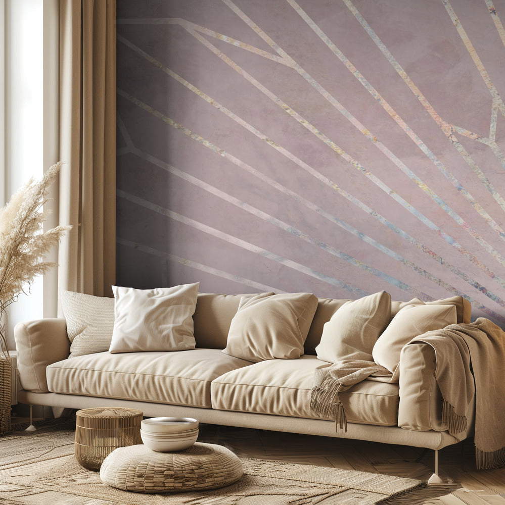 Goldenes geometrisches Sonnenstrahlen-Wandbild in Rosa | Fototapeten