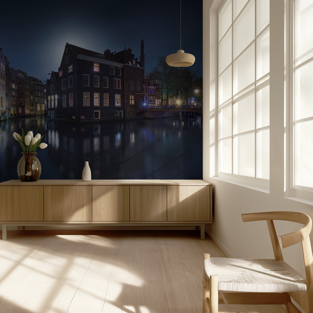 Księżycowa noc nad Amsterdamem | Fototapeta