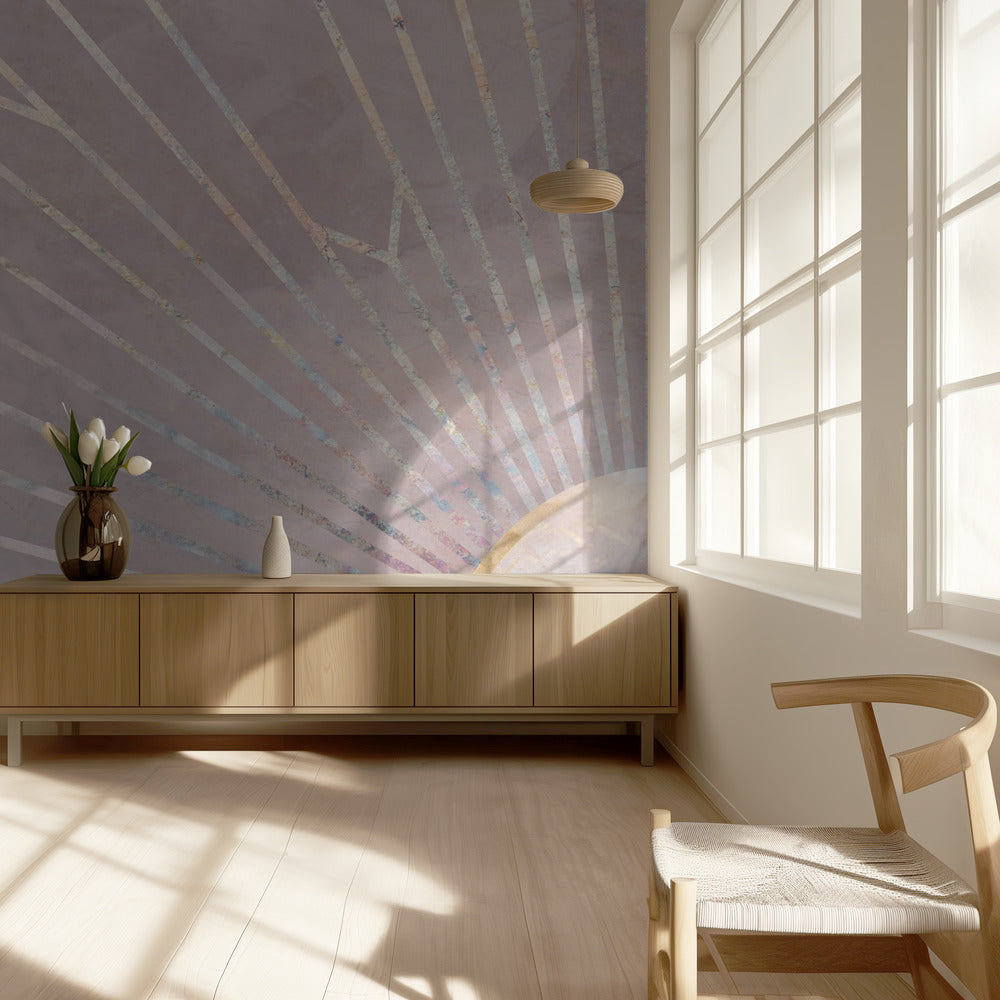 Goldenes geometrisches Sonnenstrahlen-Wandbild in Rosa | Fototapeten