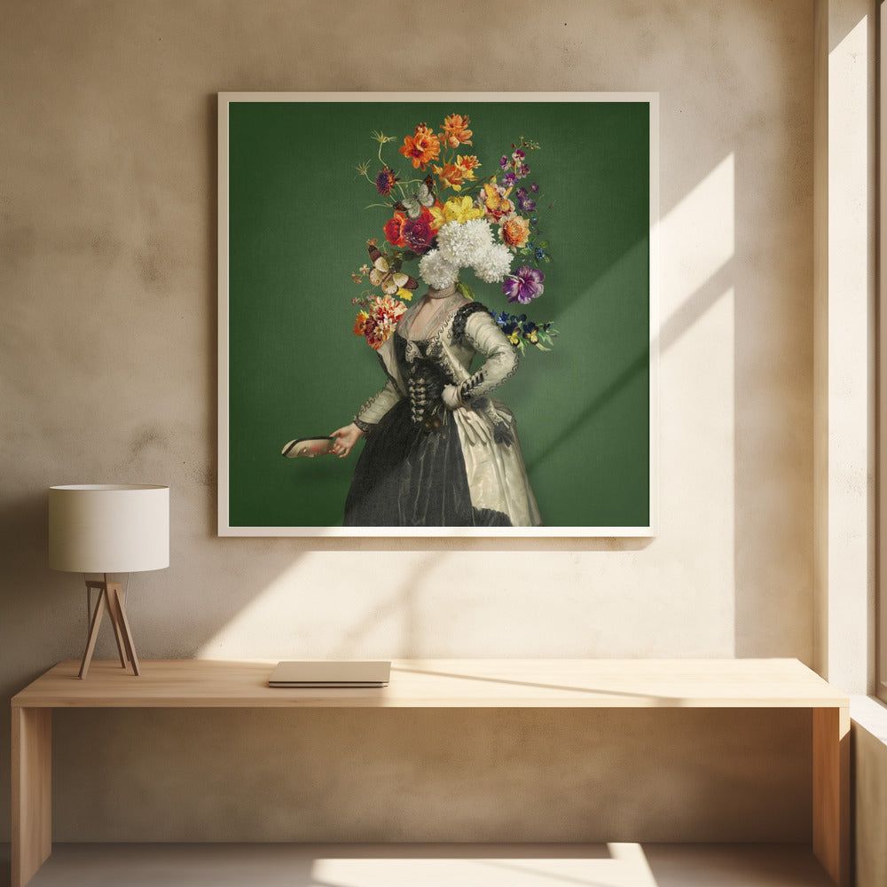 Klassisk porträttkonst med livfulla blommiga inslag | Poster
