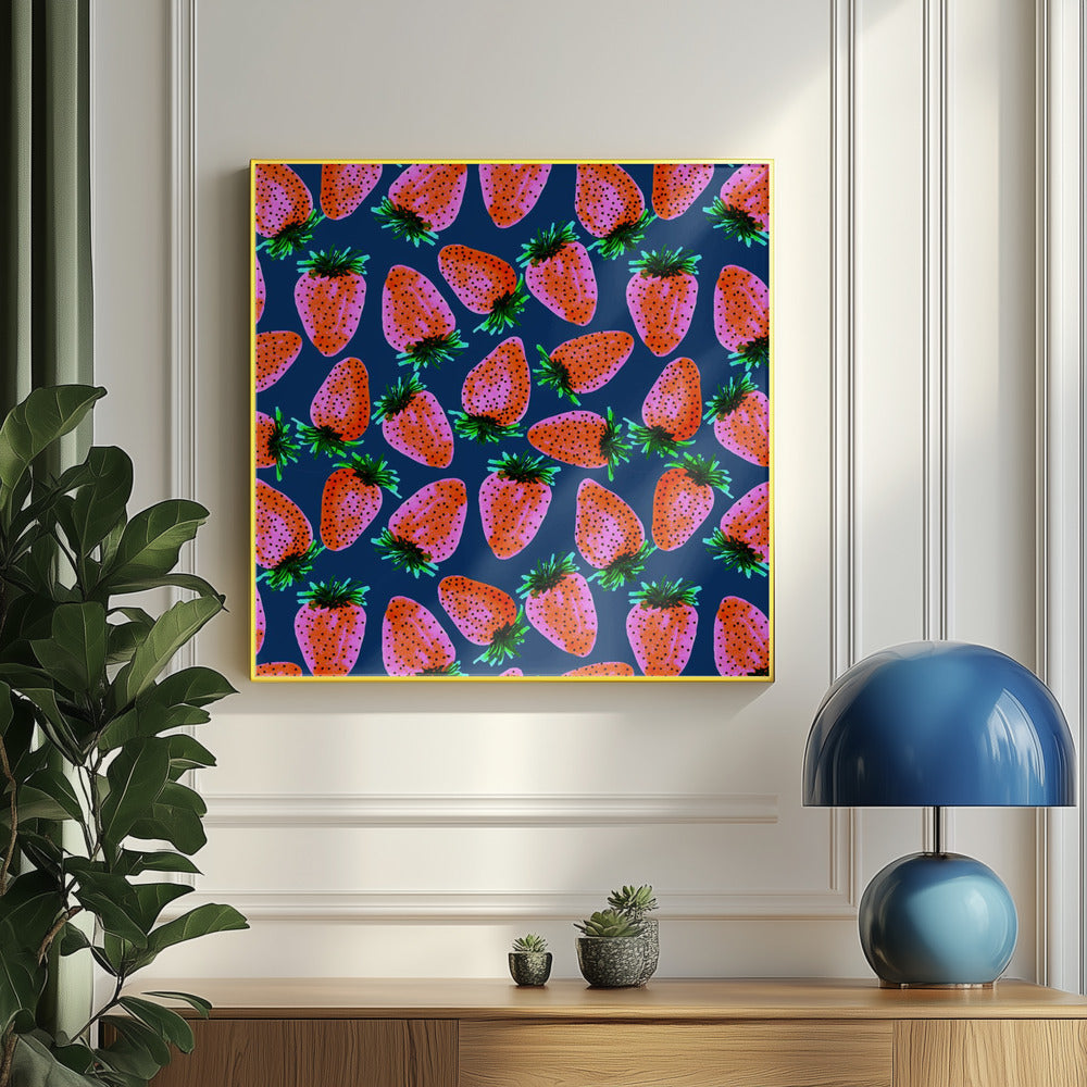 Red Lavender On Navy Strawberries Fruit | Poster