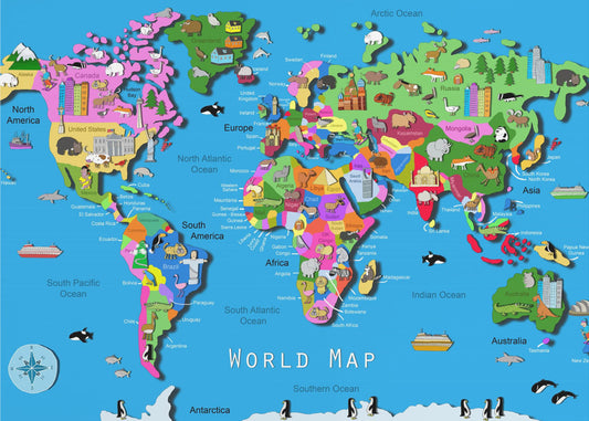 Carte du monde illustrée avec pays et continents par Carla Daly | Tableaux sur Toile