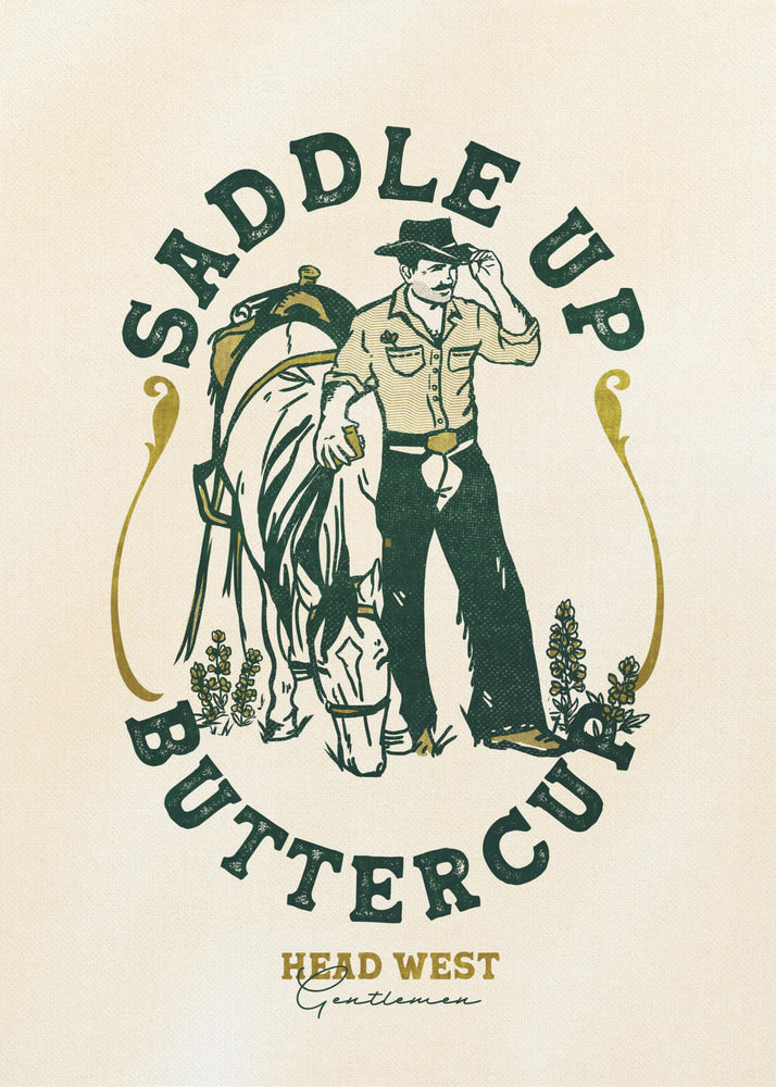 Impresión artística de vaquero y caballo con buttercup ensillado | Impresiones en Lienzo