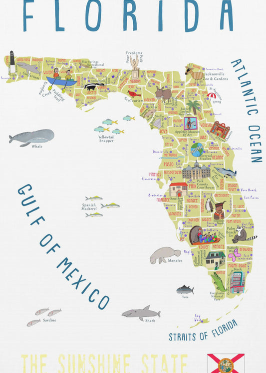Carte illustrée de la Floride par l'artiste Carla Daly | Tableaux sur Toile