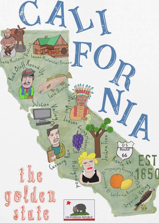 Carte illustrée de la Californie avec les icônes des États par Carla Daly | Tableaux sur Toile