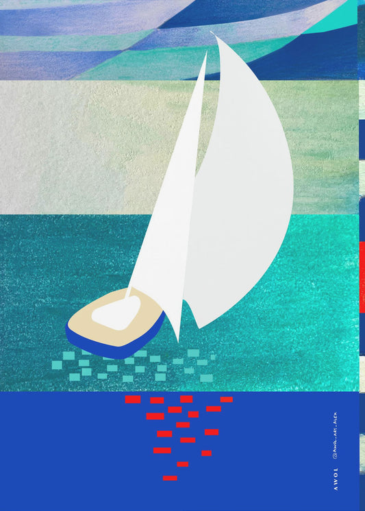 Vit segelbåt med reflektioner, abstrakt havskonst med grafiska ränder | Canvas
