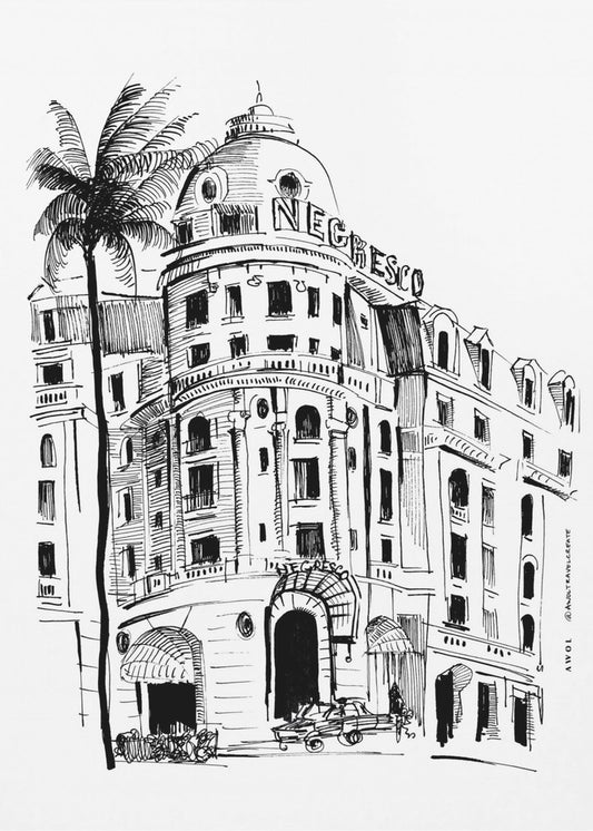 Konsttryck på Nice, Franska Rivieran med arkitektonisk ritning av hotellet Negresco | Canvas
