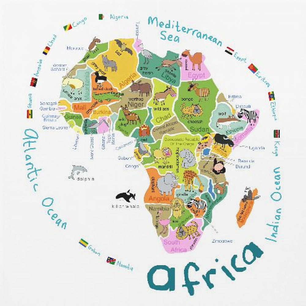 Illustrierte Karte von Afrika mit Ländern und niedlichen Tieren von Carla Daly | Leinwand-Bilder